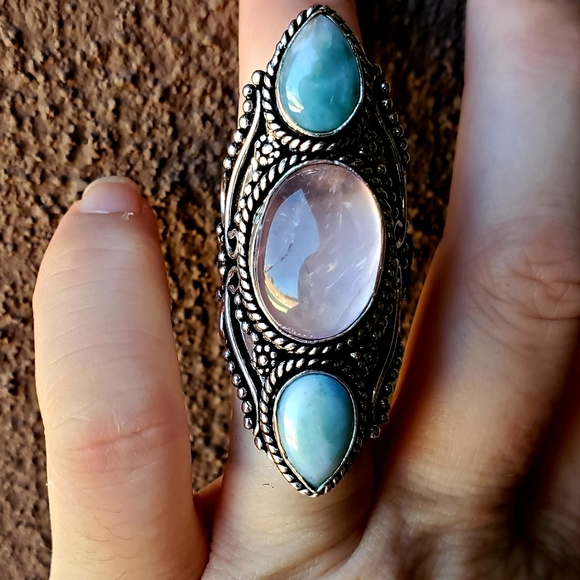 New Rose Quartz & Larimar 925 Silver Statement Ring. - Picture 5 of 15